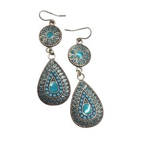 Turquoise Enamel on Silvertone Dangle Drop Earrings 2.75"